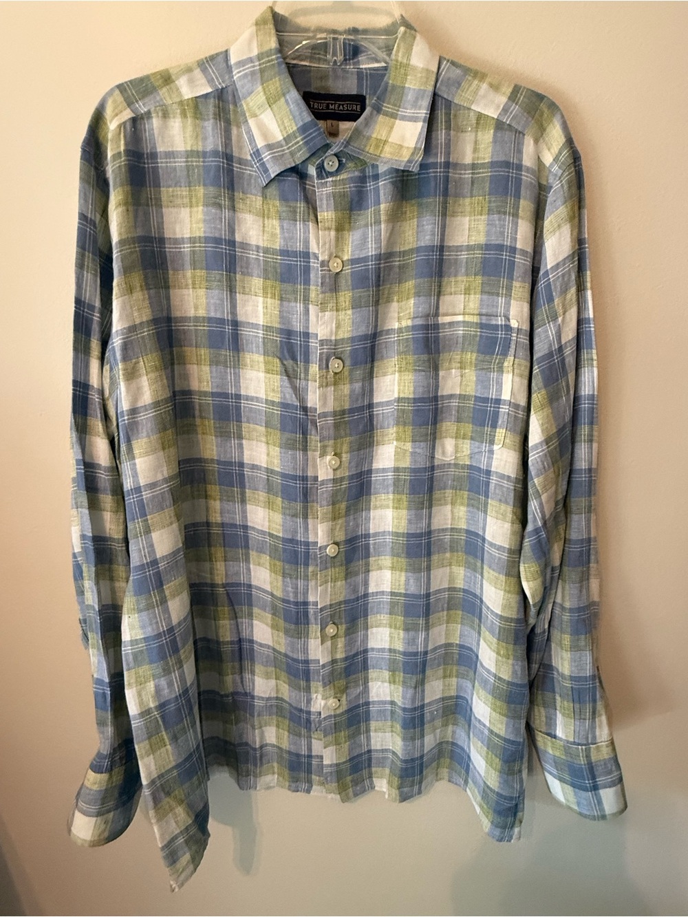 Periwinkle, Green and White Plaid Men's Linen Button-Down Shirt